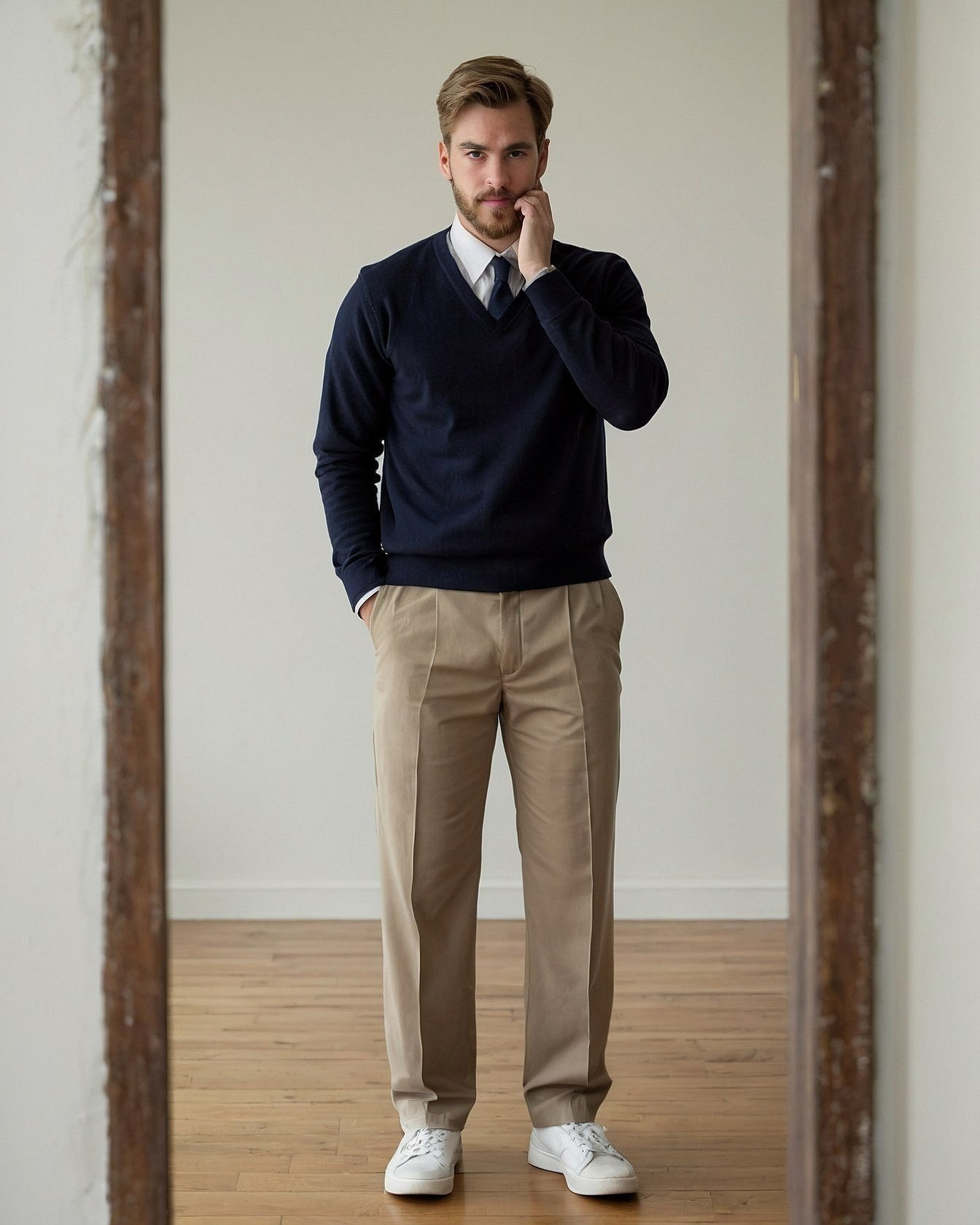 V-Neck Sweater Over Crisp Button-Down