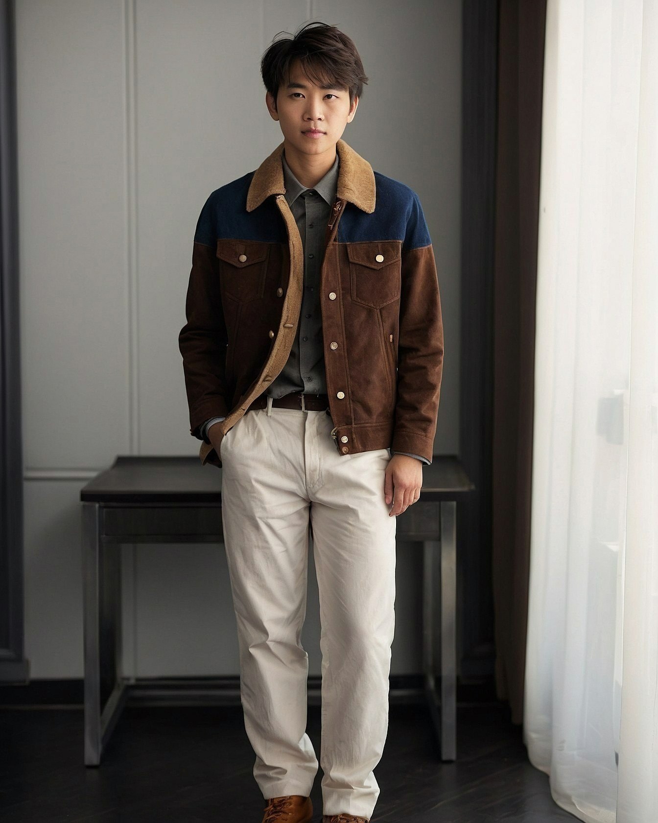 Corduroy Collar Accent on Suede Jacket