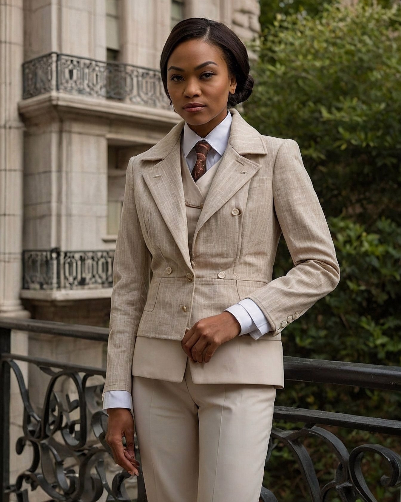Double-breasted jacket detail with subtle texture