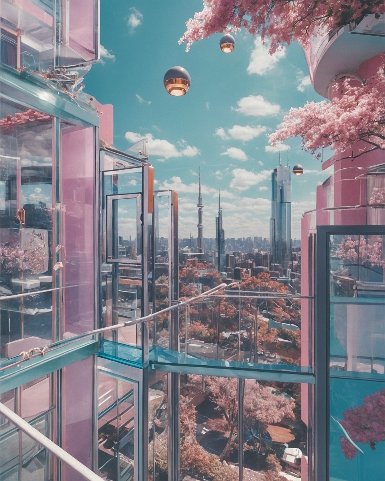 Glass walkways overlook a city under pink blossoms