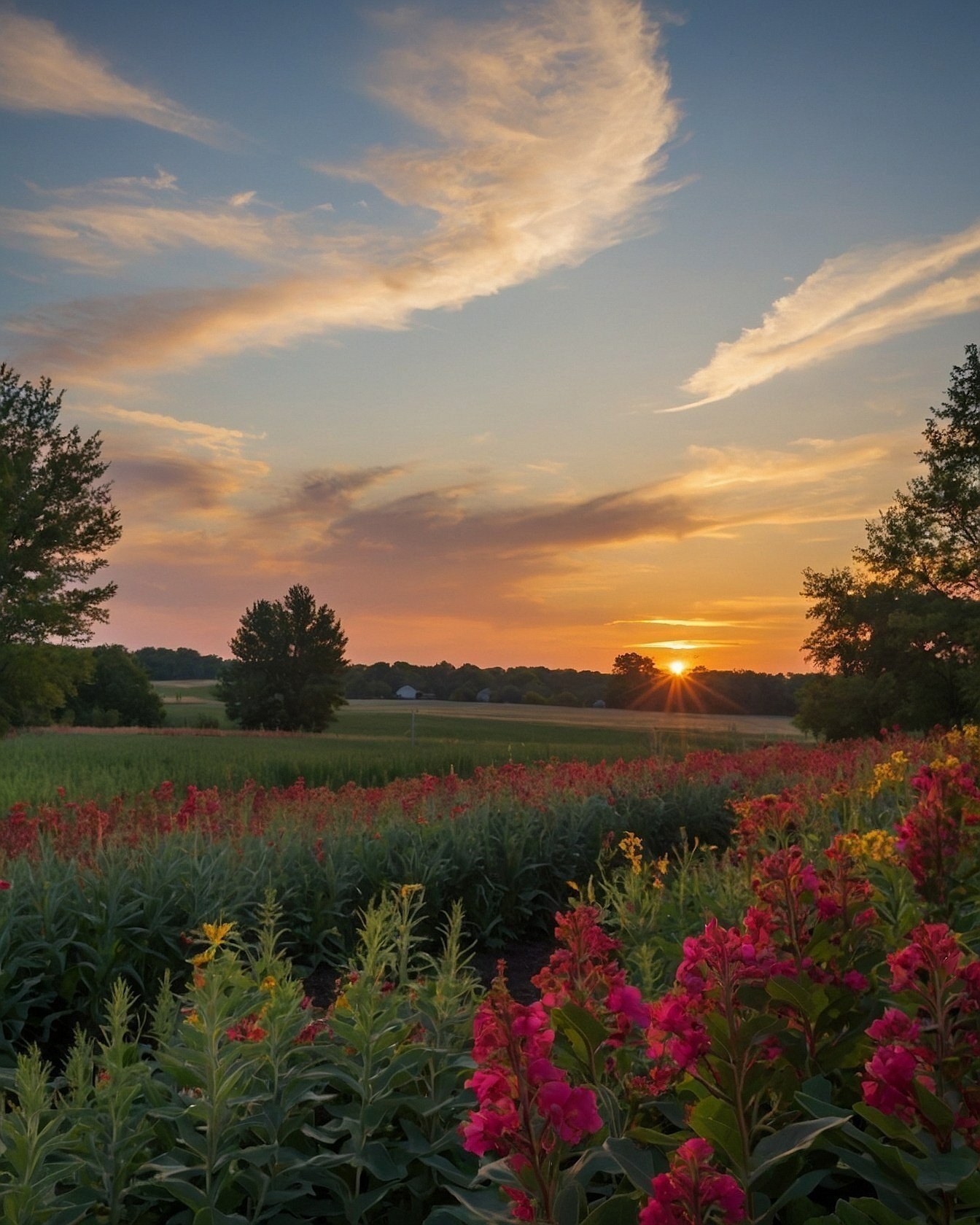 Sunset Glow Over a Wildflower Landscape