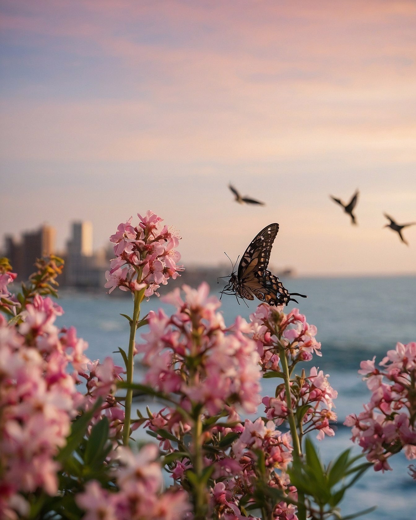 Close-up of a butterfly on pink flowers