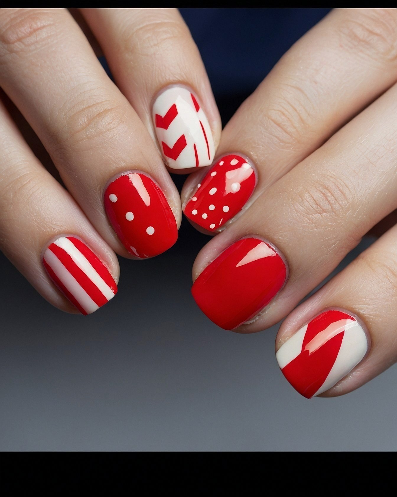 Playful Geometric Red and White Nail Art