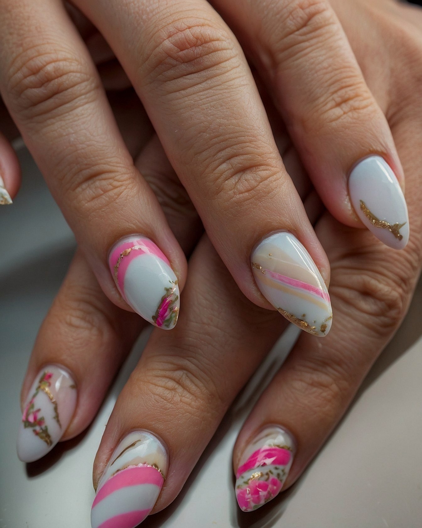 Close-up on a hand showing the artistry of the nails