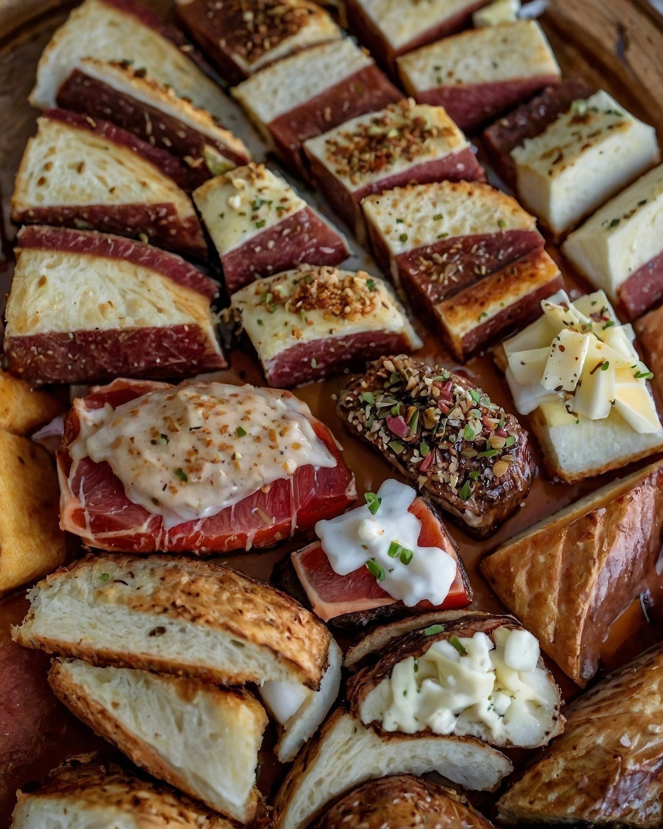 Close-up of Savory Bites with Creamy Toppings
