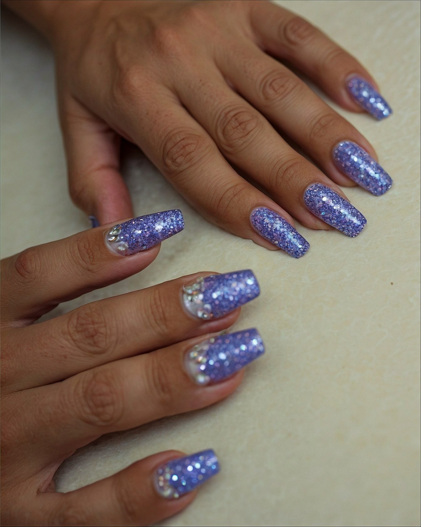 Sparkling Lavender Coffin Nails with Crystal Accents