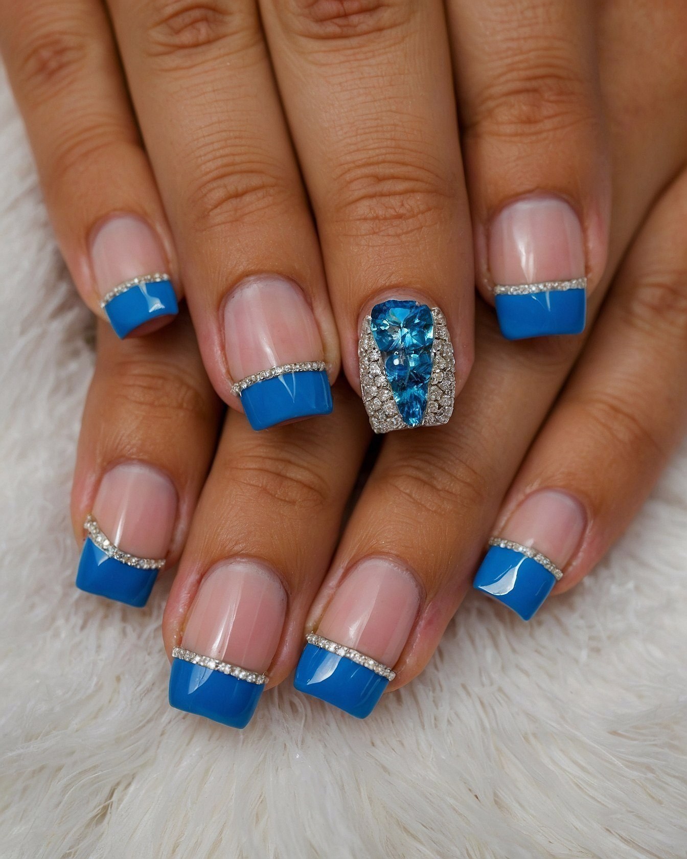 Jeweled Blue French Tips and Accent Nail Detail