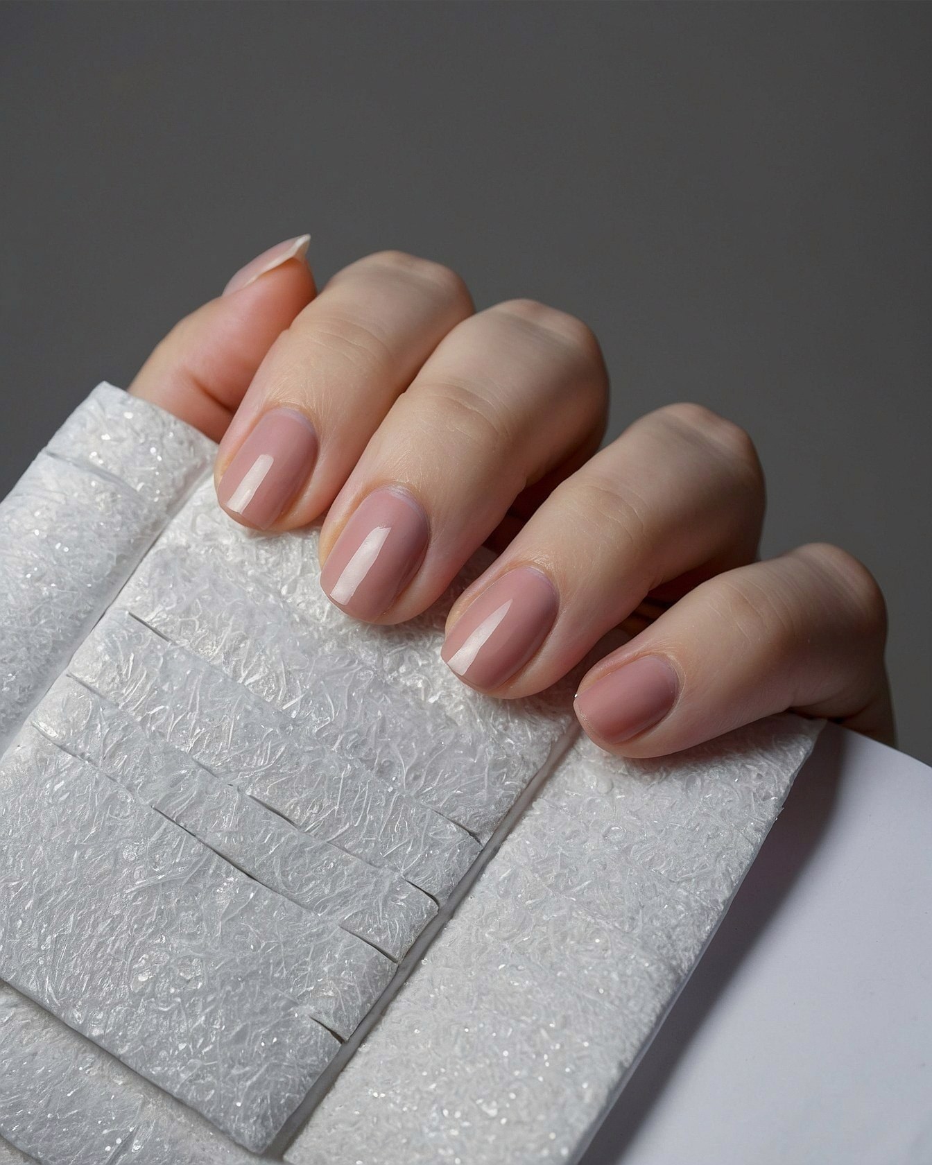Subtle blush and white nail art with textured accessory