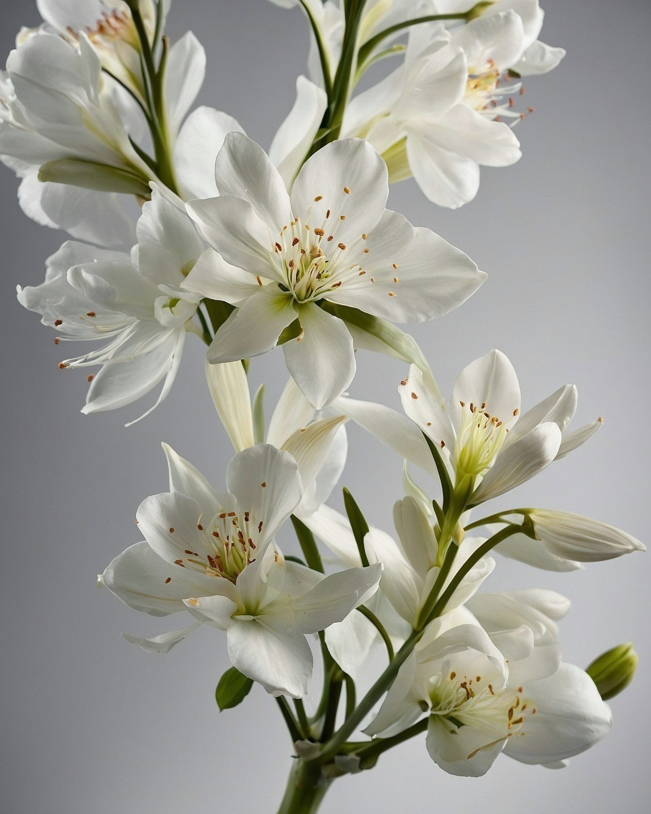 Closeup of delicate white blossoms against a neutral backdrop