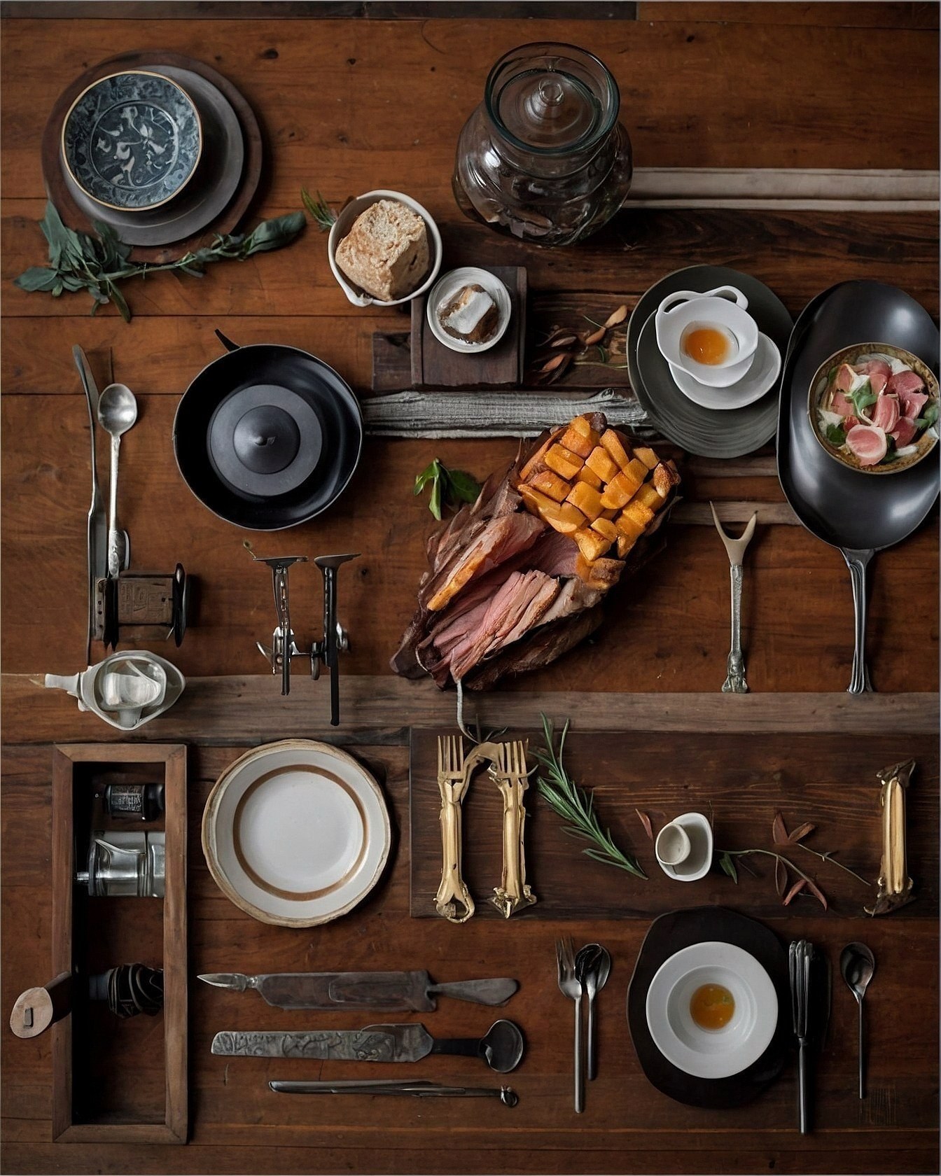 A Rustic Feast Unfolds on a Dark Wood Canvas