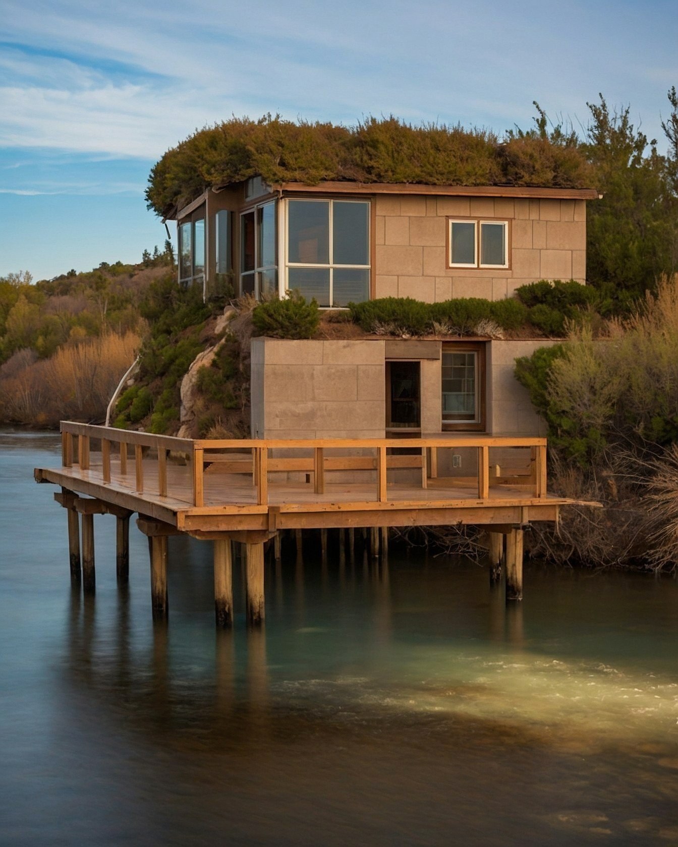Cliffside Dwelling with Verdant Roof and Water Views