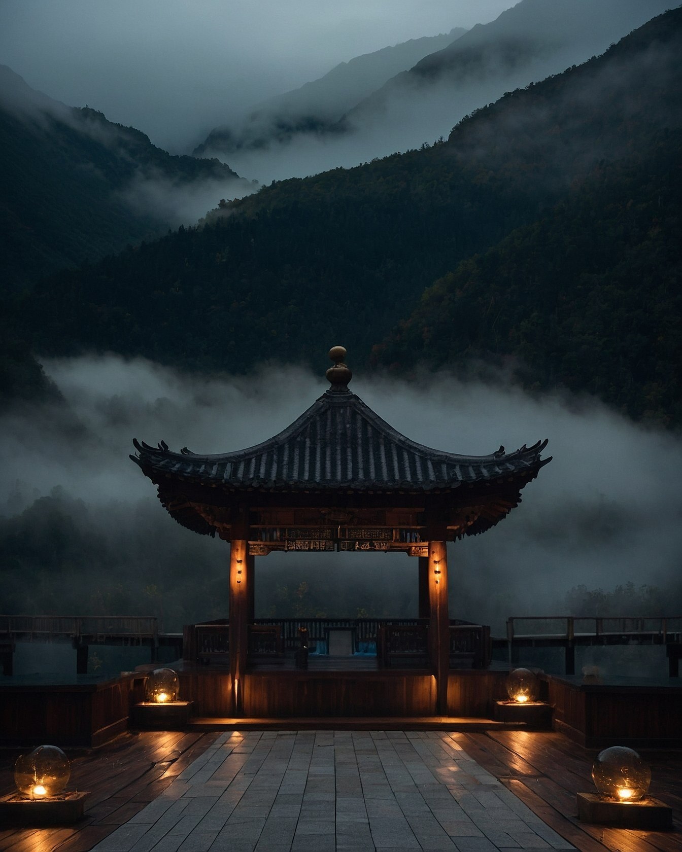 Gazebo with Warm Uplighting on Misty Mountains