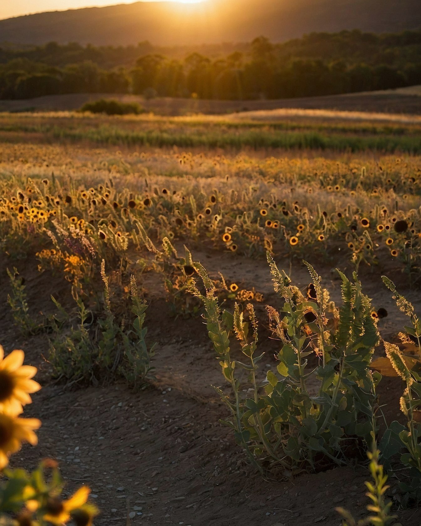 Golden Hour Sunflowers in a Rustic Field