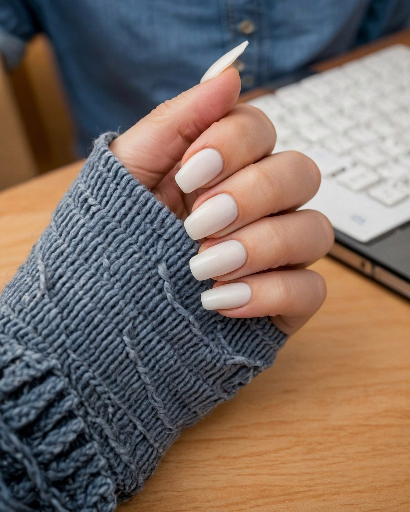 Textured Knit Sleeve and Pale Pink Nails
