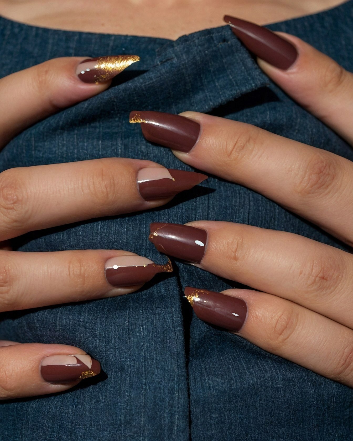 Deep Brown & Gold French Tip Nail Art