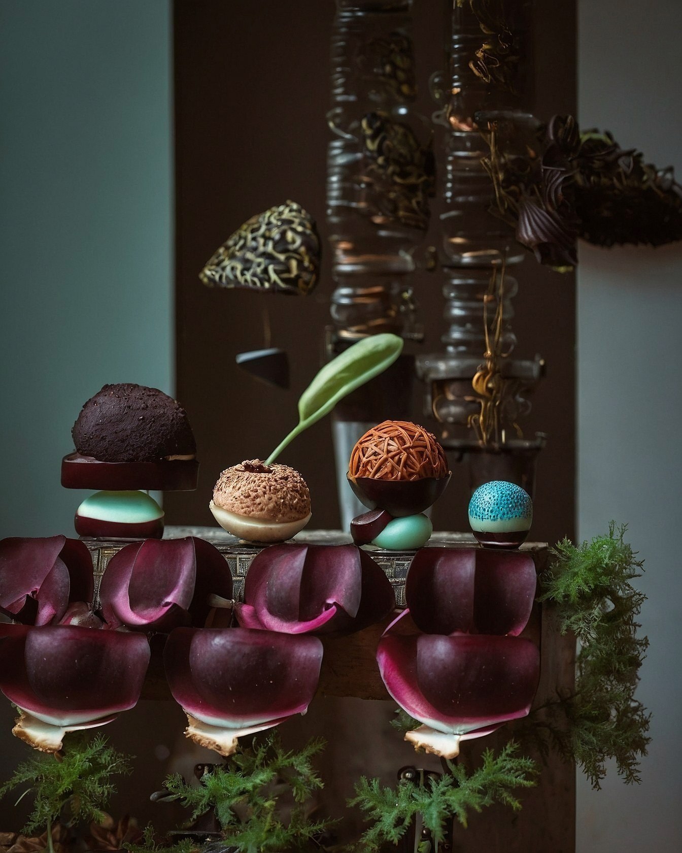 Textured truffles and deep jewel-toned petals