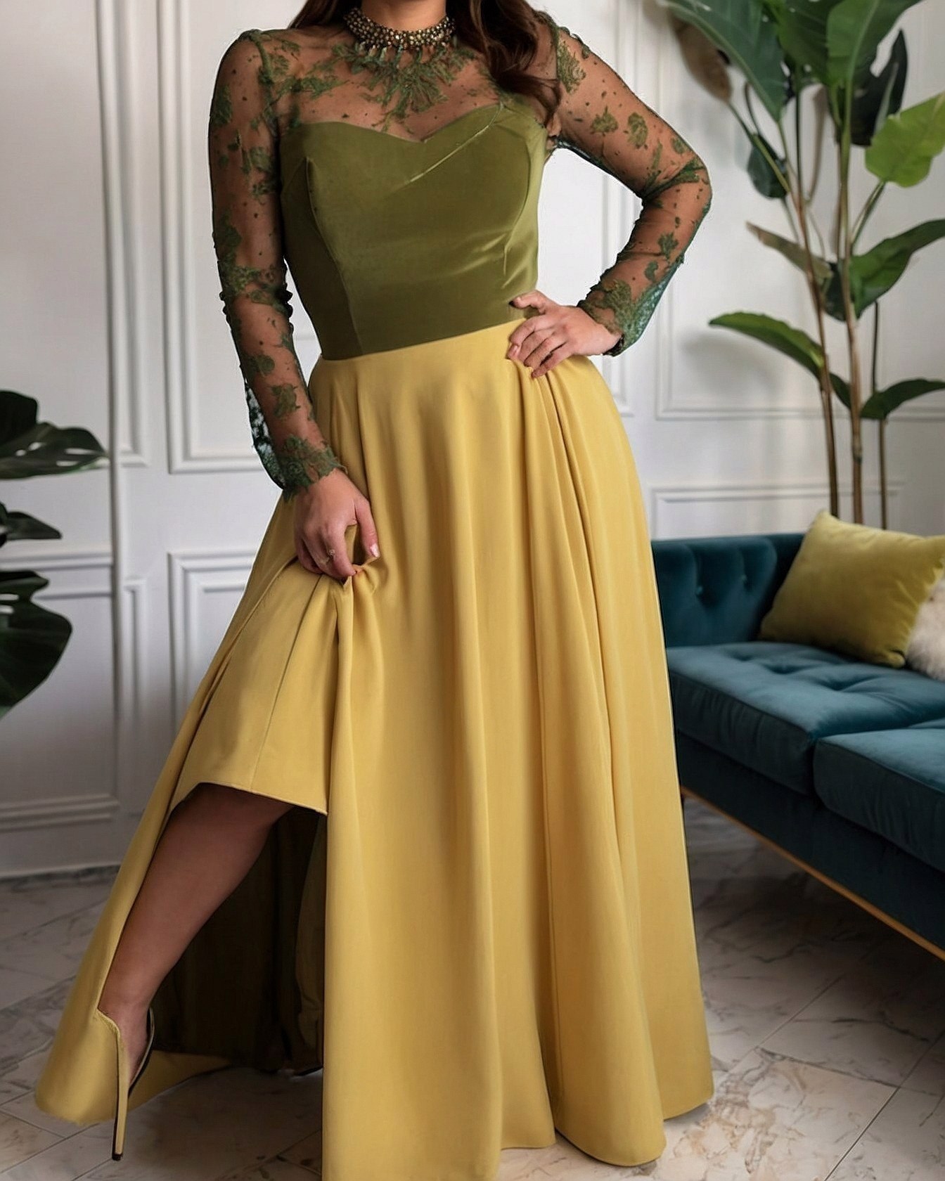 The Flow of the Mustard Skirt's Dramatic Slit