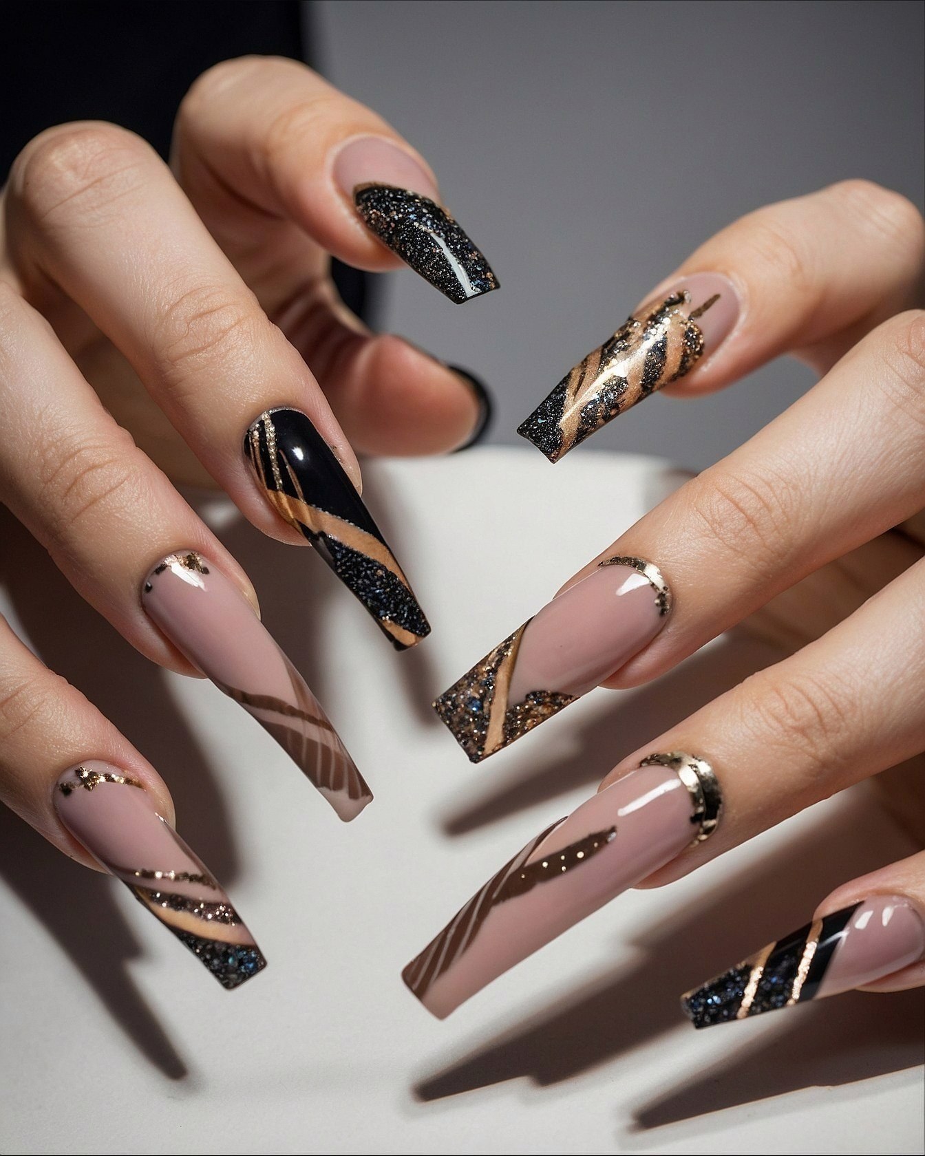Geometric and Glitter Accents on Long Coffin Nails