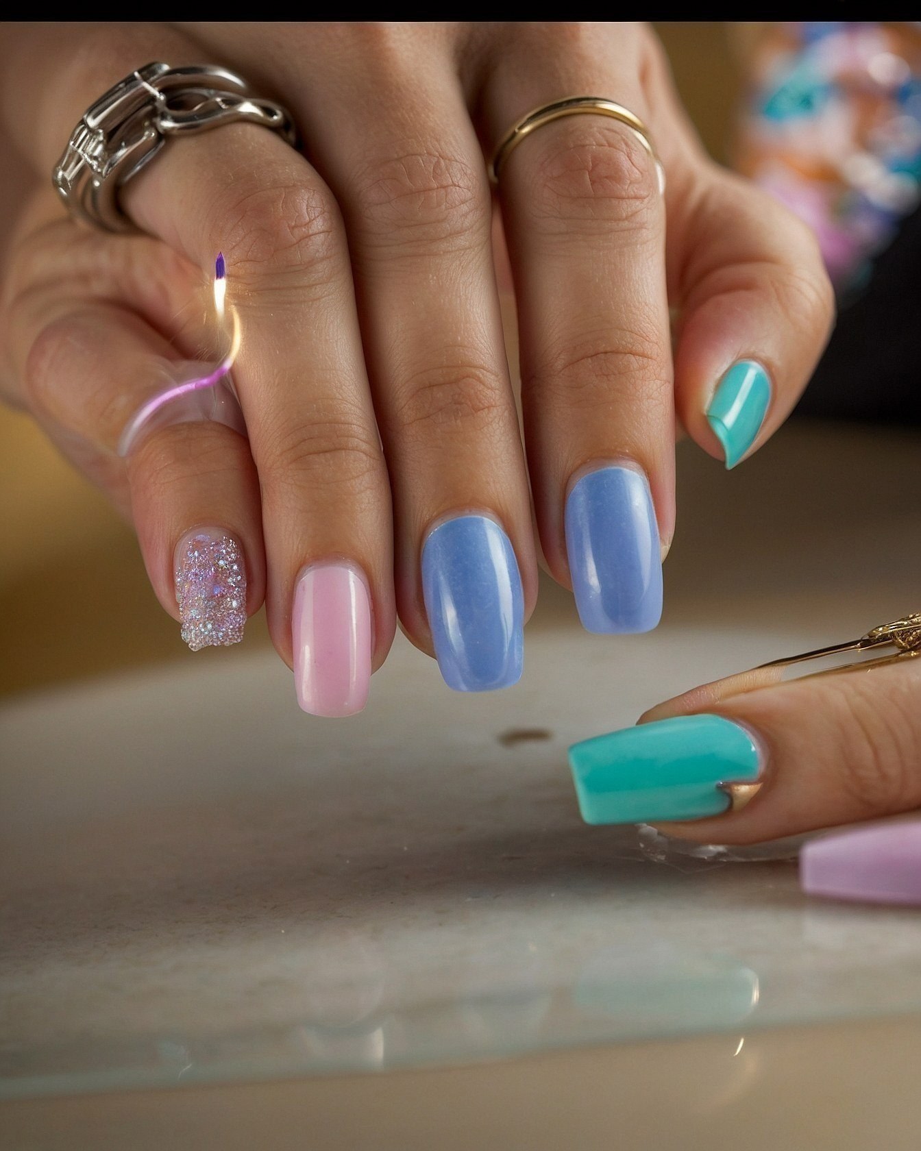 Close-up of pastel almond-shaped gel nails