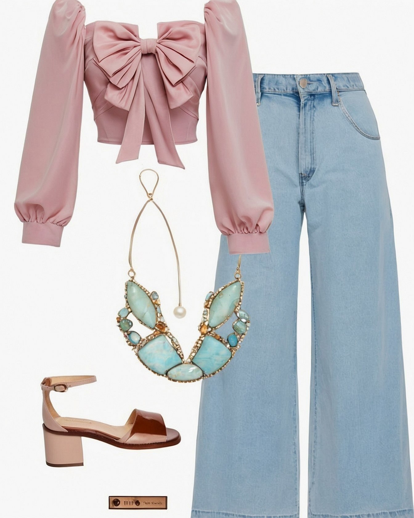 Pink Bow Detail Top Paired with Wide-Leg Denim