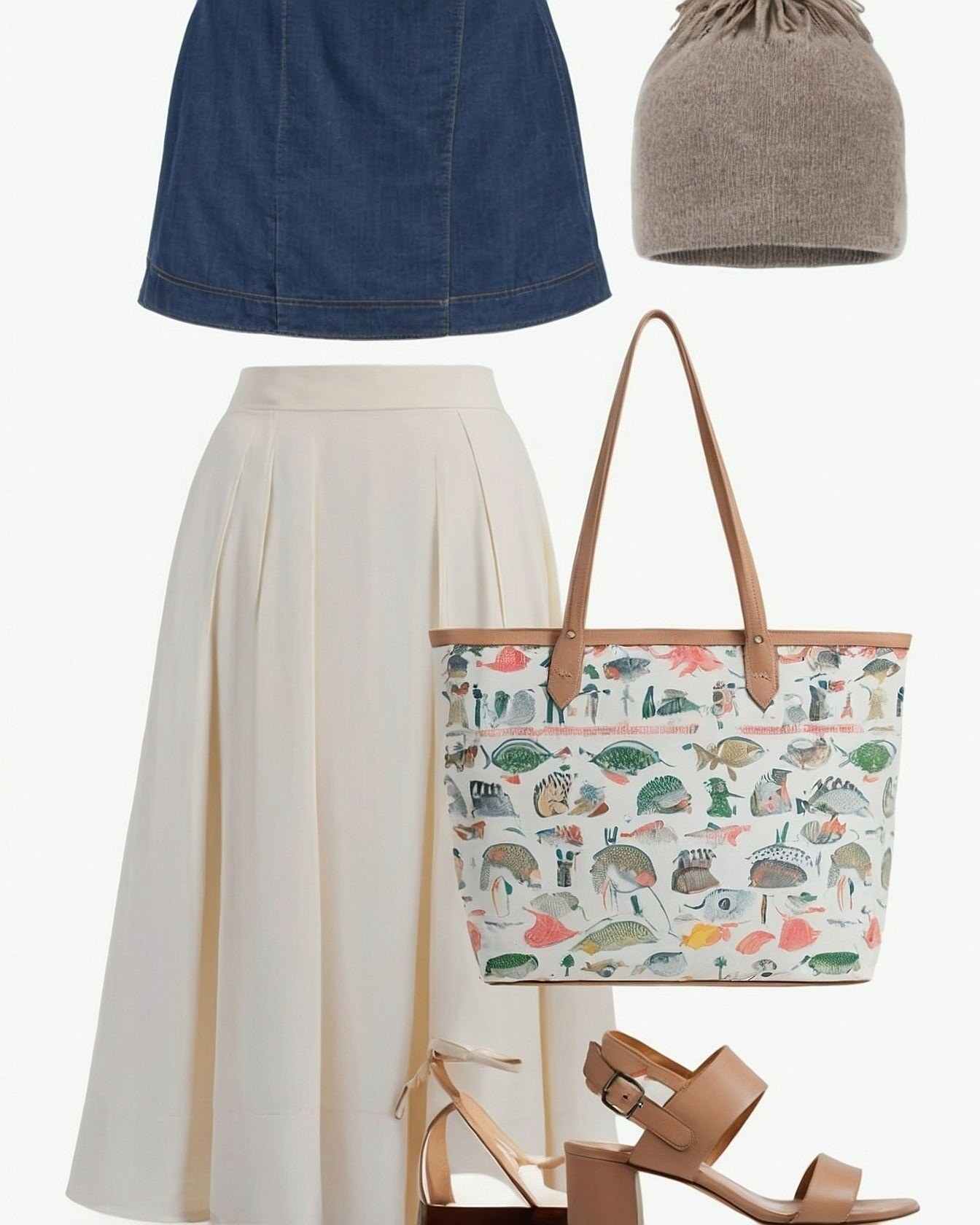 Denim top meets flowing pleated skirt