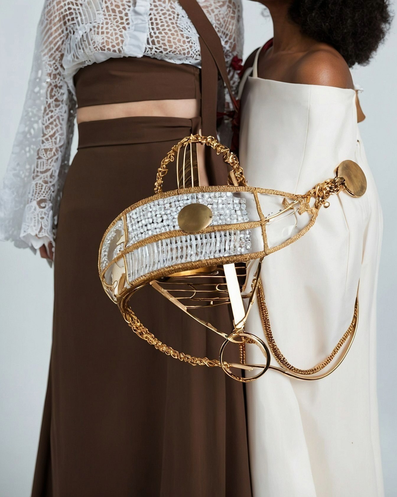 Sculptural Gold Cage Bag with Pearlescent Embellishments