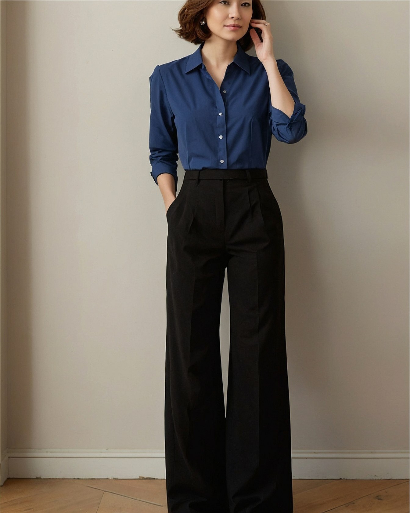Classic Blue Blouse and Wide-Leg Trousers