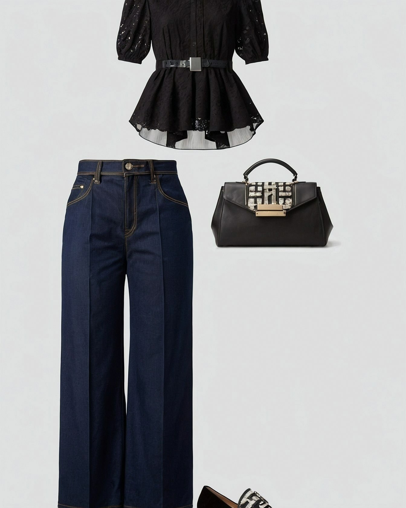 Dark denim with a structured top and graphic accessories