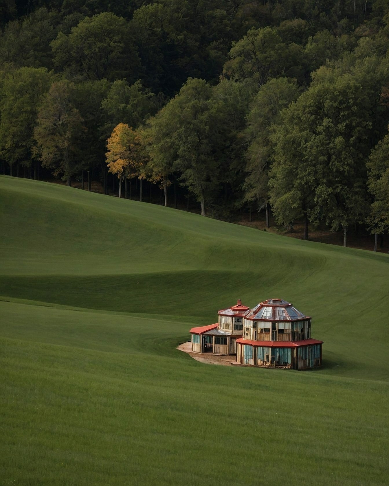 Roundhouse nestled in rolling green hills