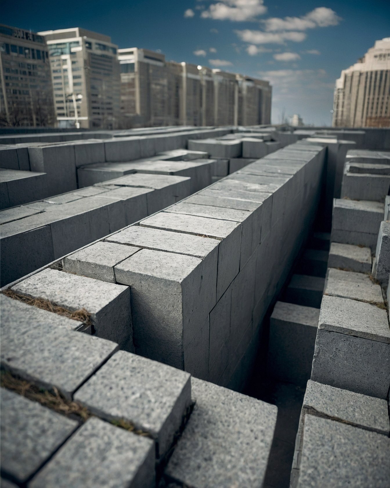 Geometric Stone Walls Against City Skyline