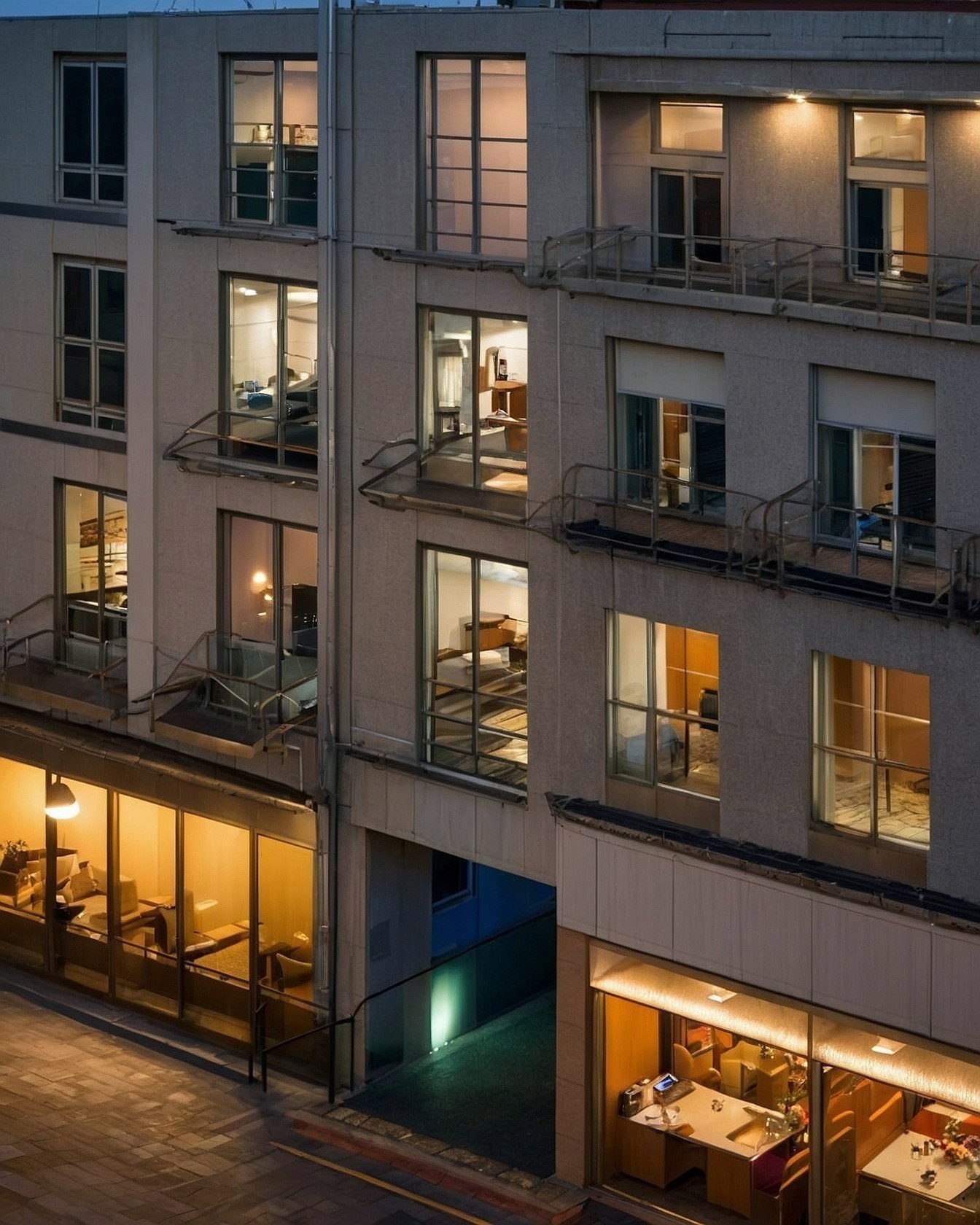 Warm light spilling from urban office windows
