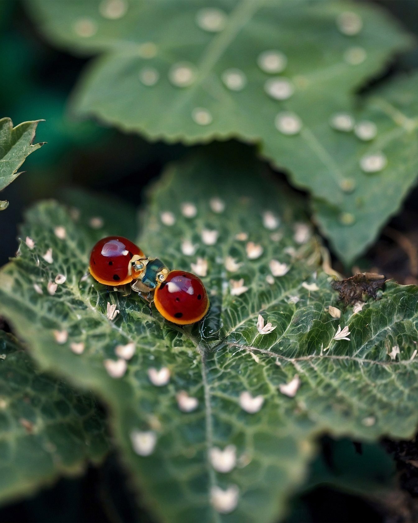 Two Ladybugs on a Dew-Kissed Leaf
