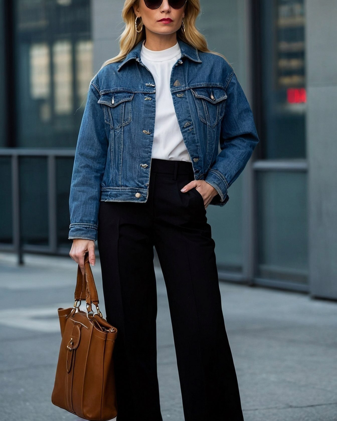 Denim Jacket Layered Over Crisp White Mock Neck
