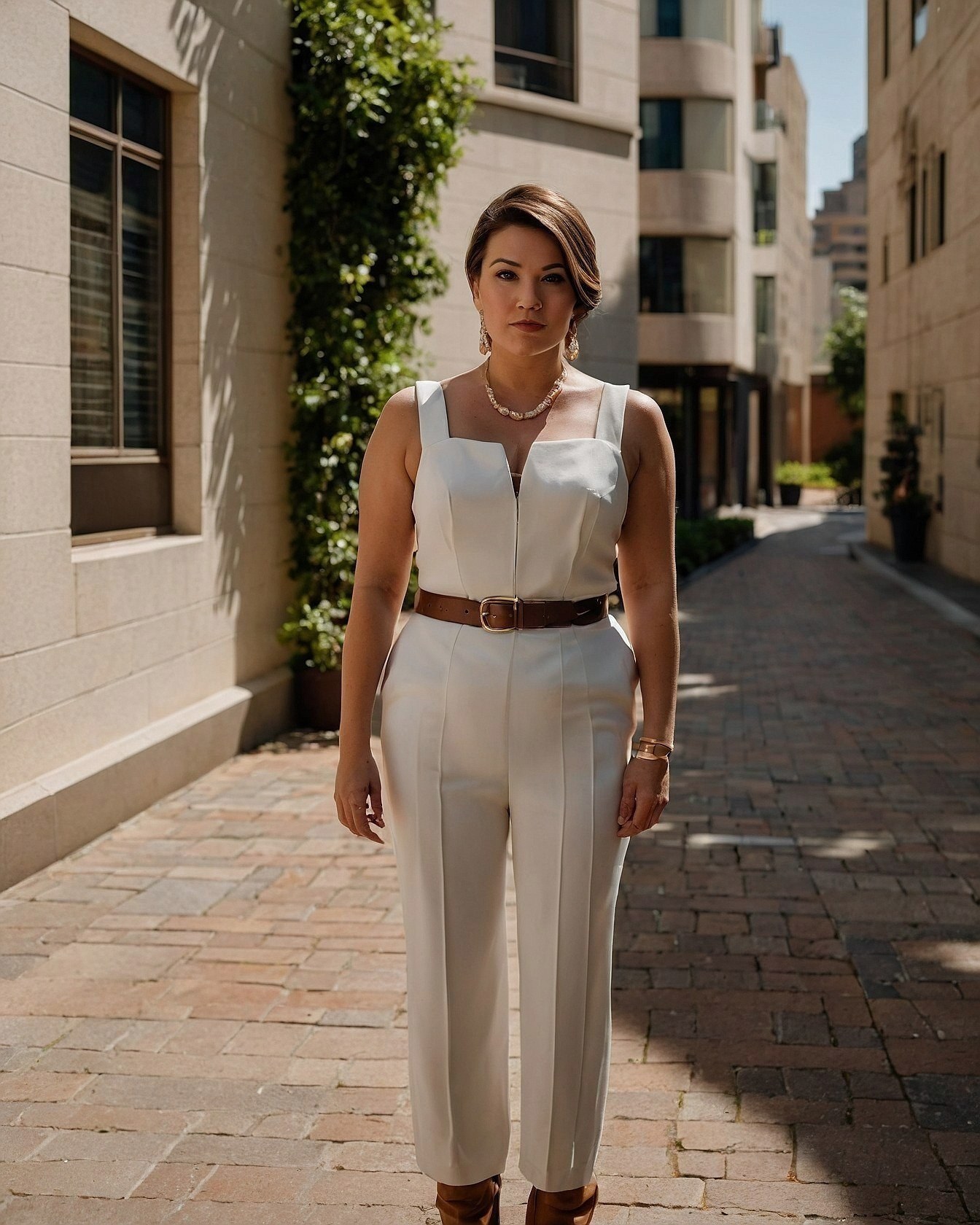 Cream Jumpsuit Defined by a Rich Brown Belt
