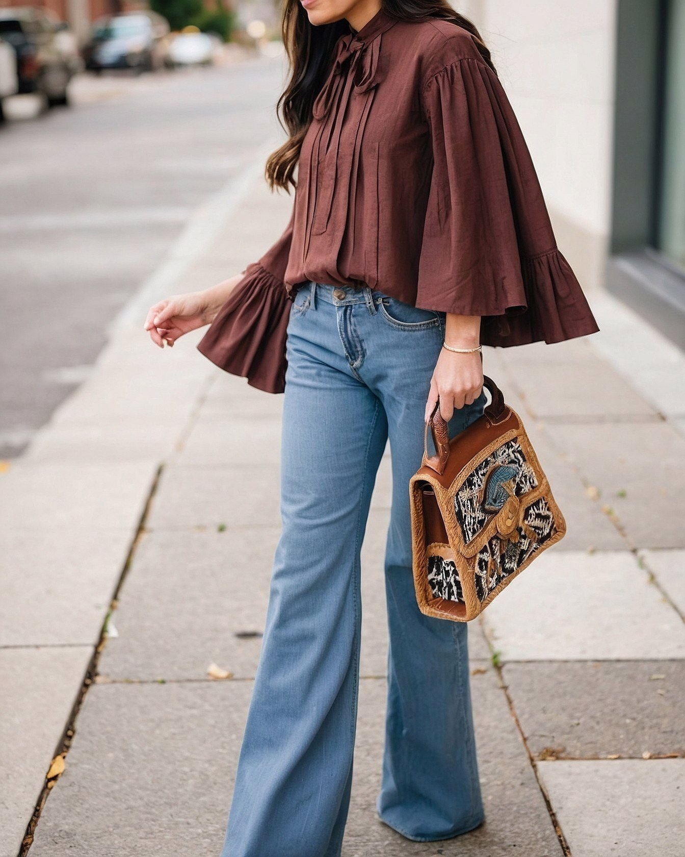 Brown Bell-Sleeve Top With Light Wash Flares