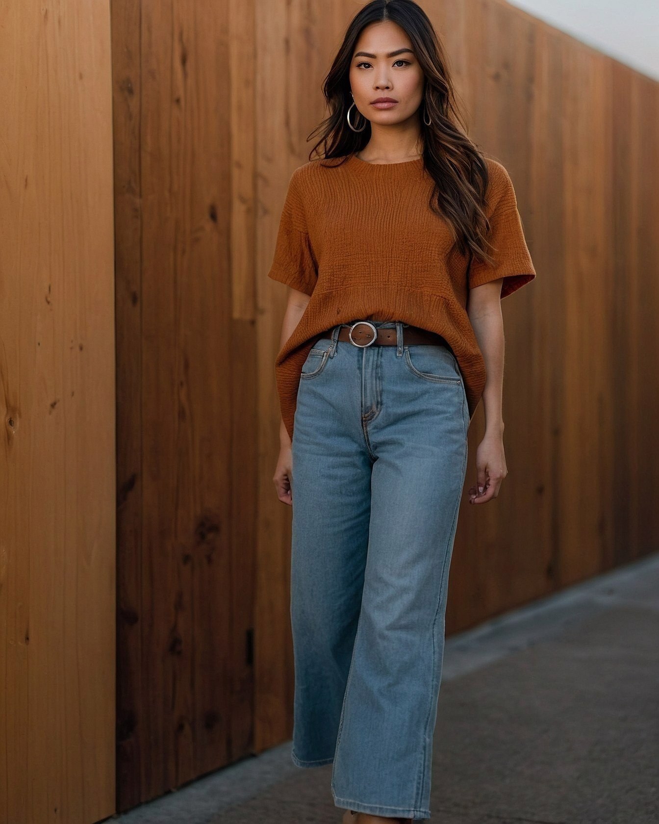 Textured Top and Cropped Jeans Paired with a Round Buckle Belt