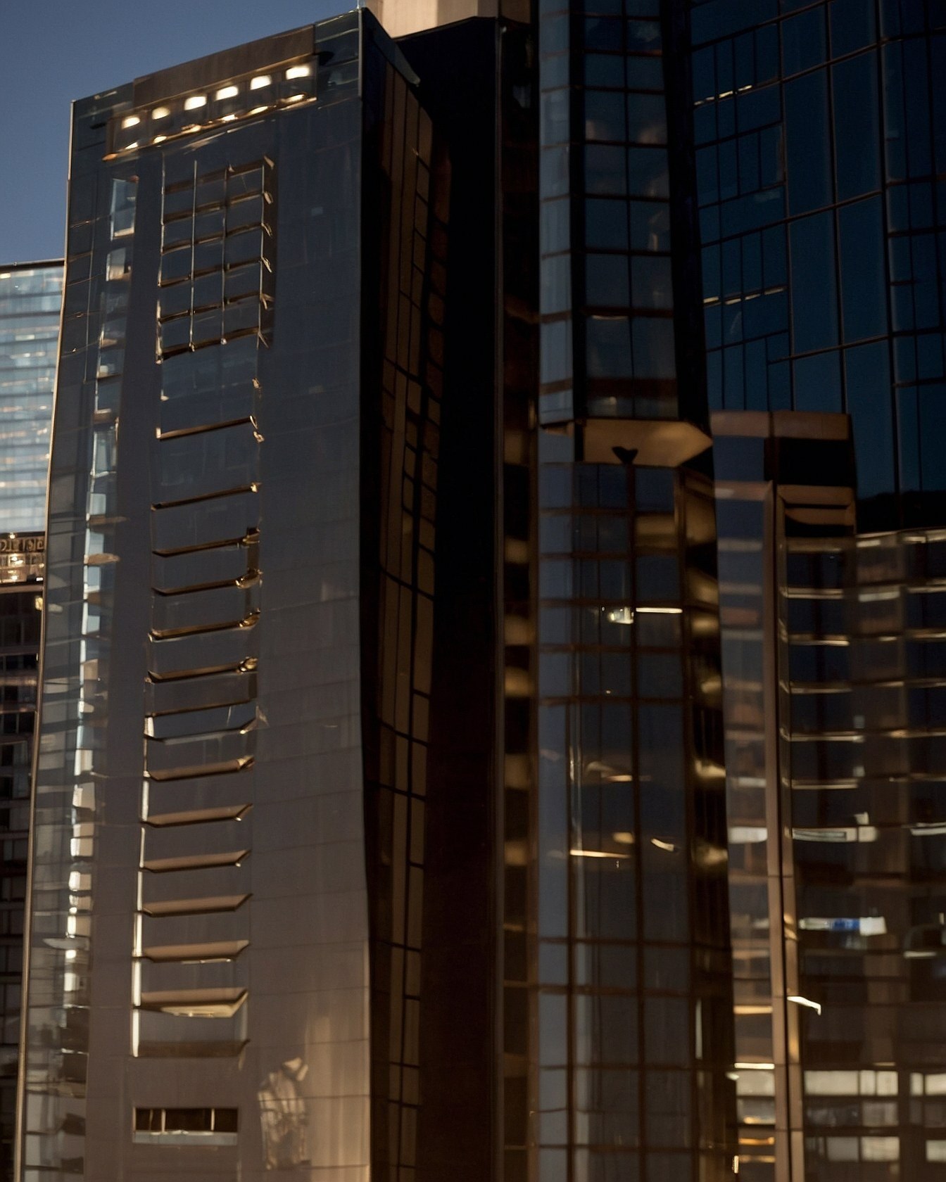 Reflective glass facades capture urban light
