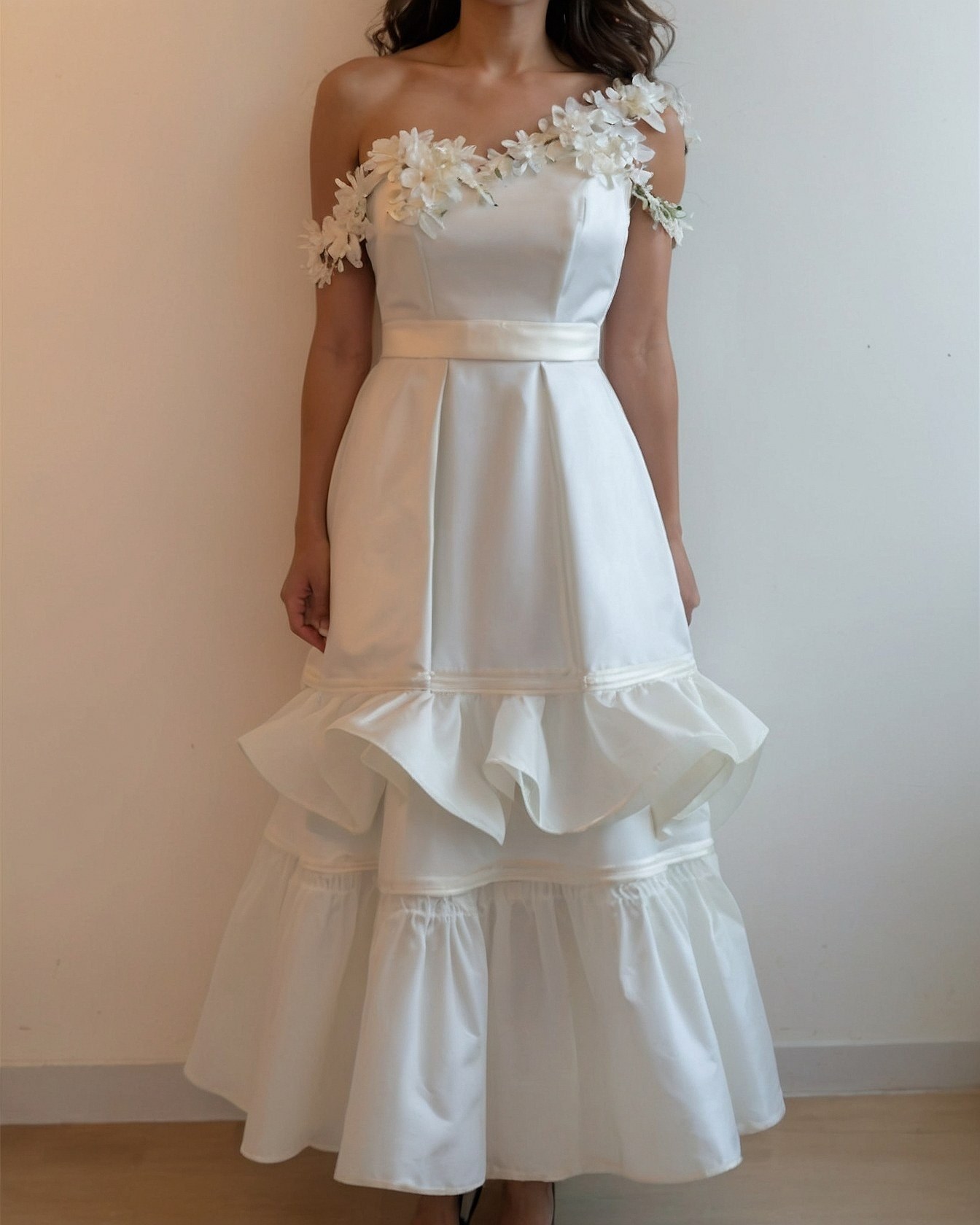 One-Shoulder Gown with Floral Embellishments
