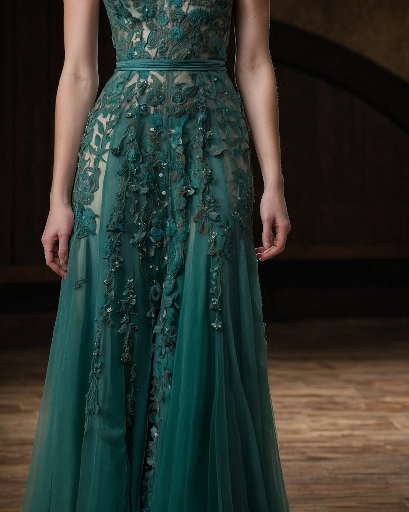 Teal Gown's Embroidered Floral Cascades