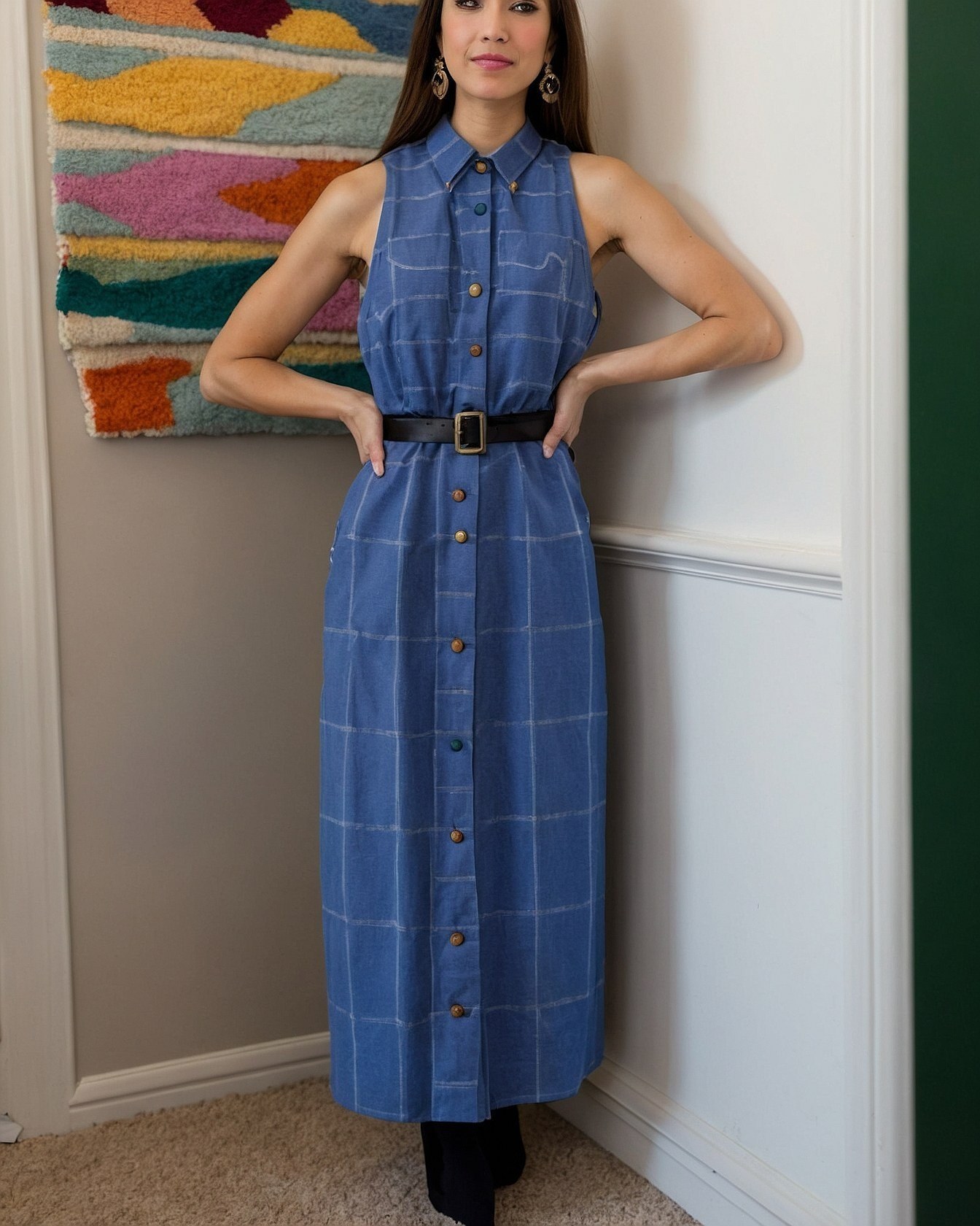 Sleeveless Shirtdress with Checked Pattern