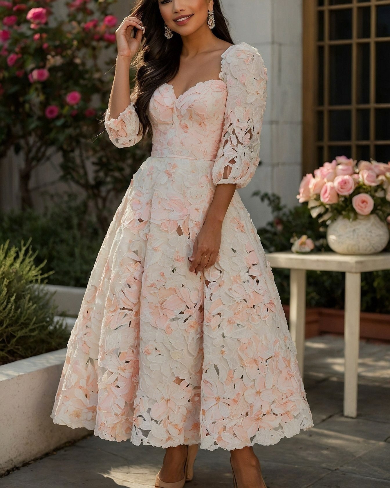 Puff-Sleeved Lace Maxi Dress with Floral Overlay