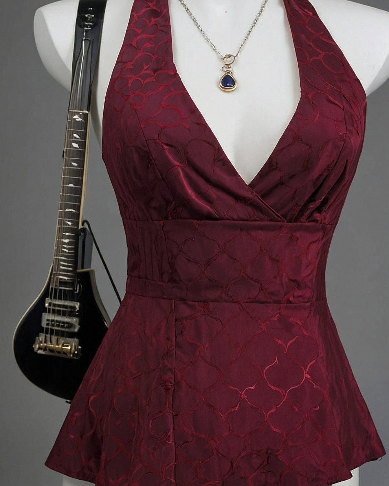 Deep Crimson Jacquard Halter Dress Close-up