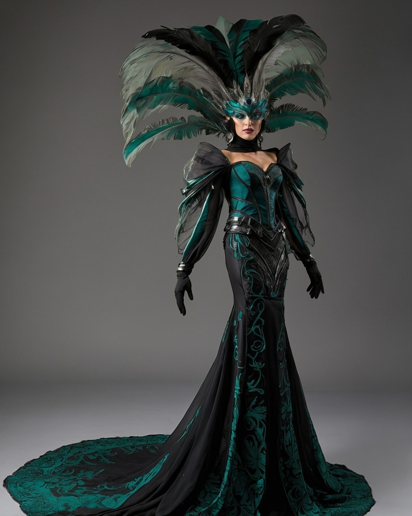 Feathered Headdress and Dramatic Sleeve Detail