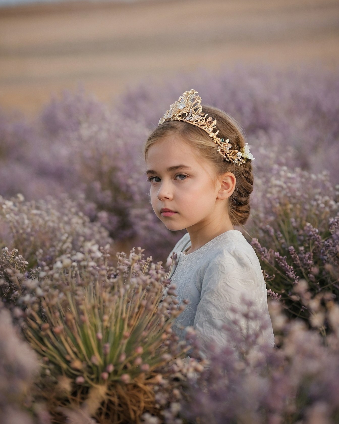 Girl Amidst Purple Flowers with Gold Tiara