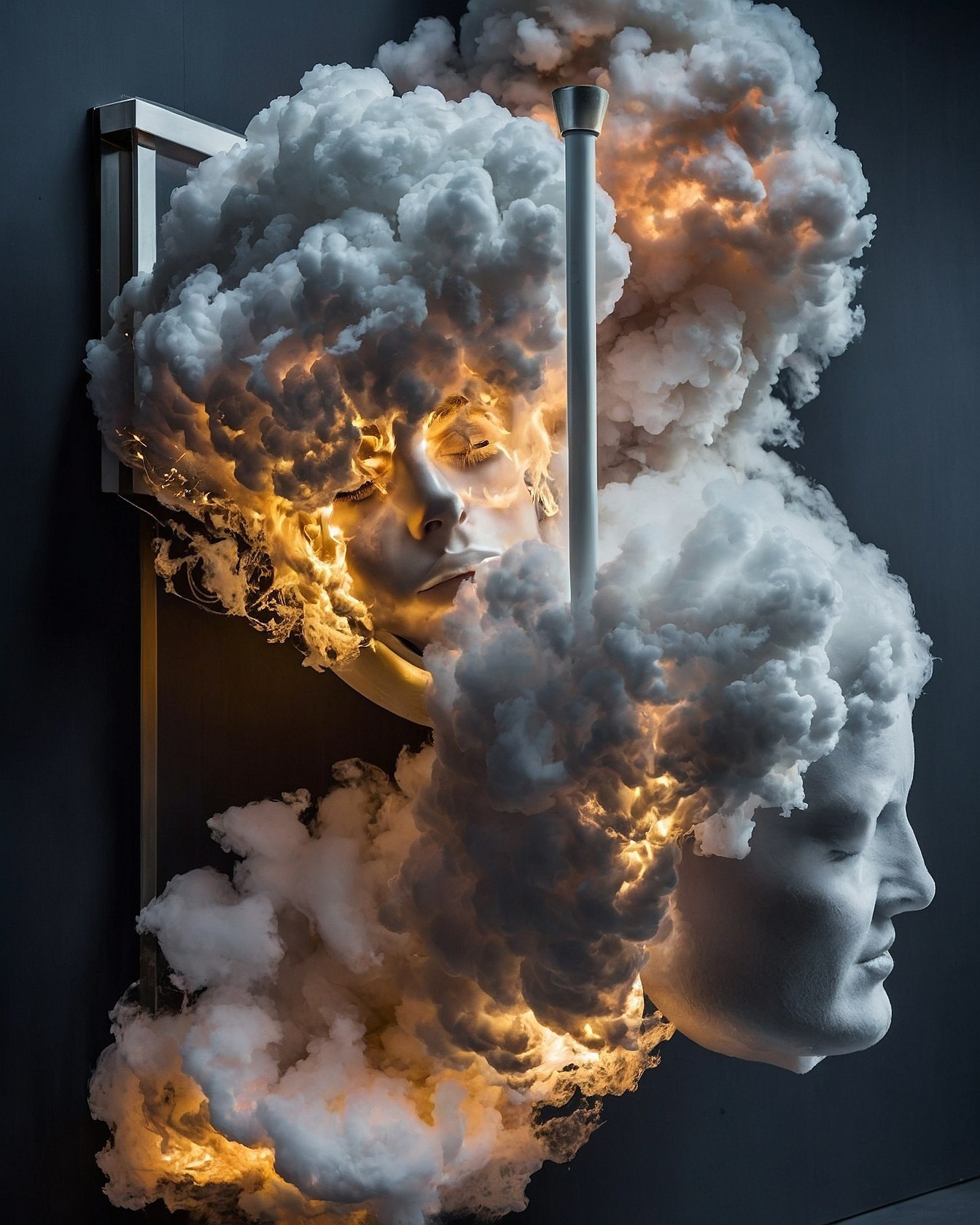 Sculptural Heads Emerging from Ethereal Clouds