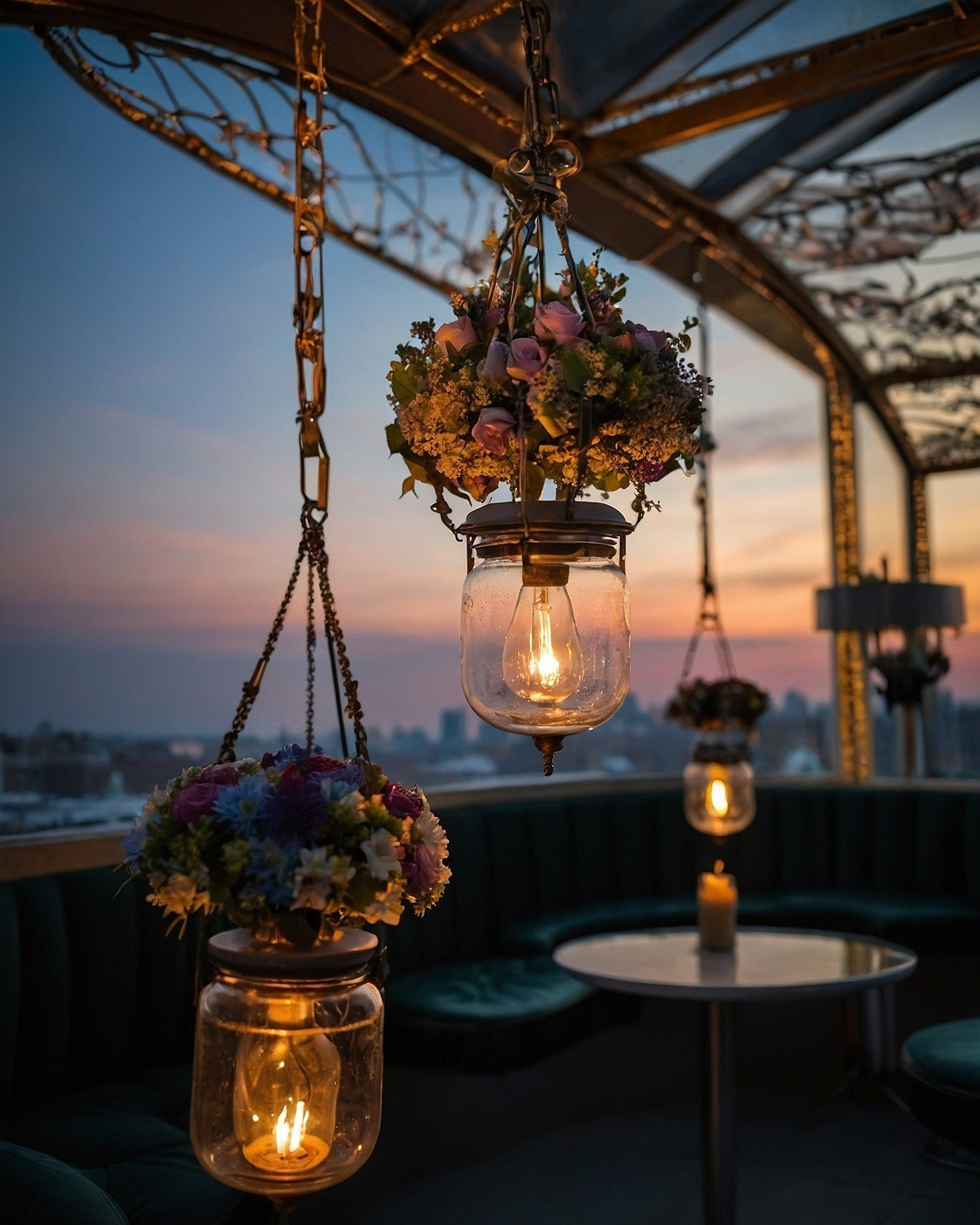 Hanging Mason Jar Lanterns with Floral Accents