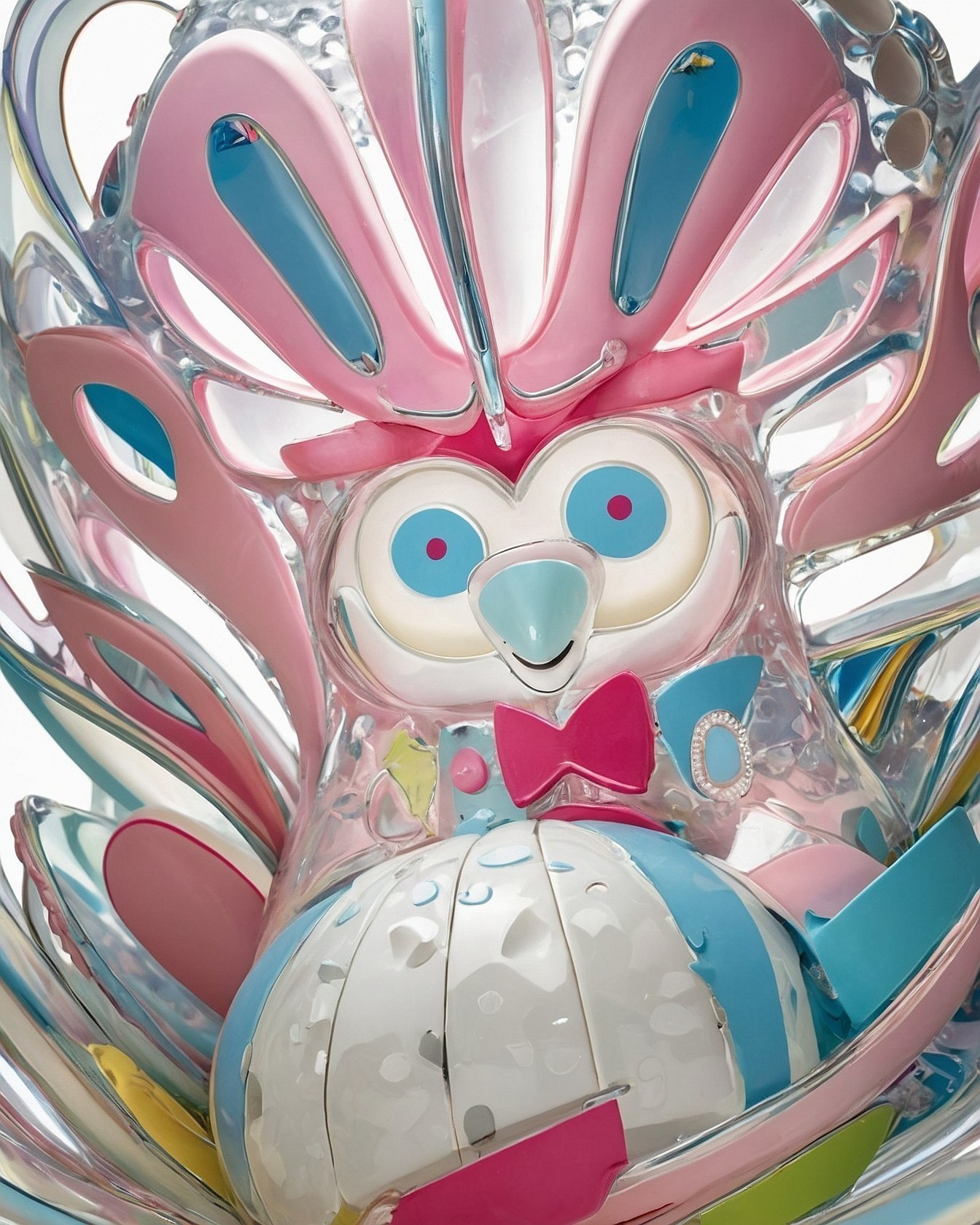 A close-up on iridescent owl-like sculpture
