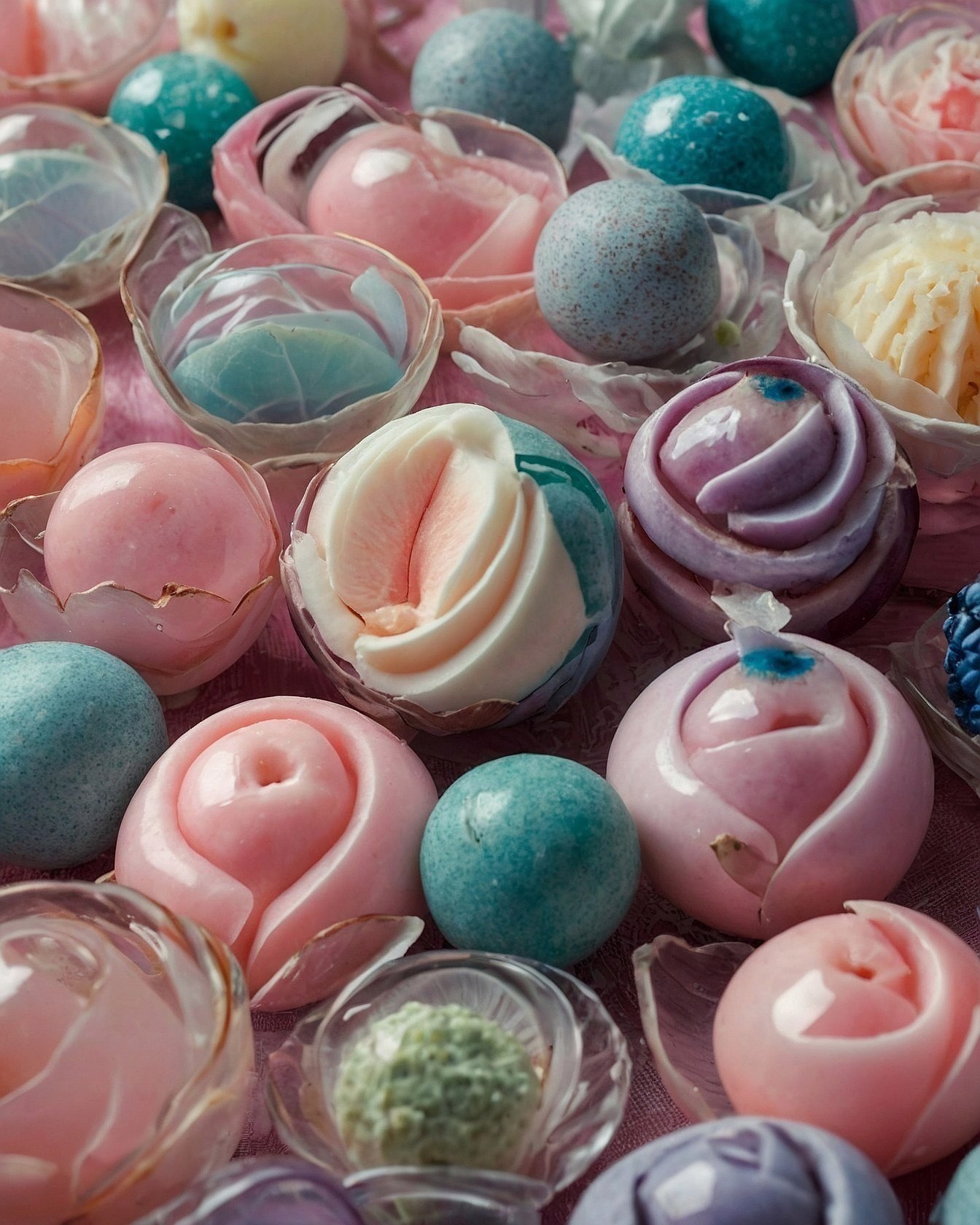 Close-Up View of Sculpted Pastries and Candies