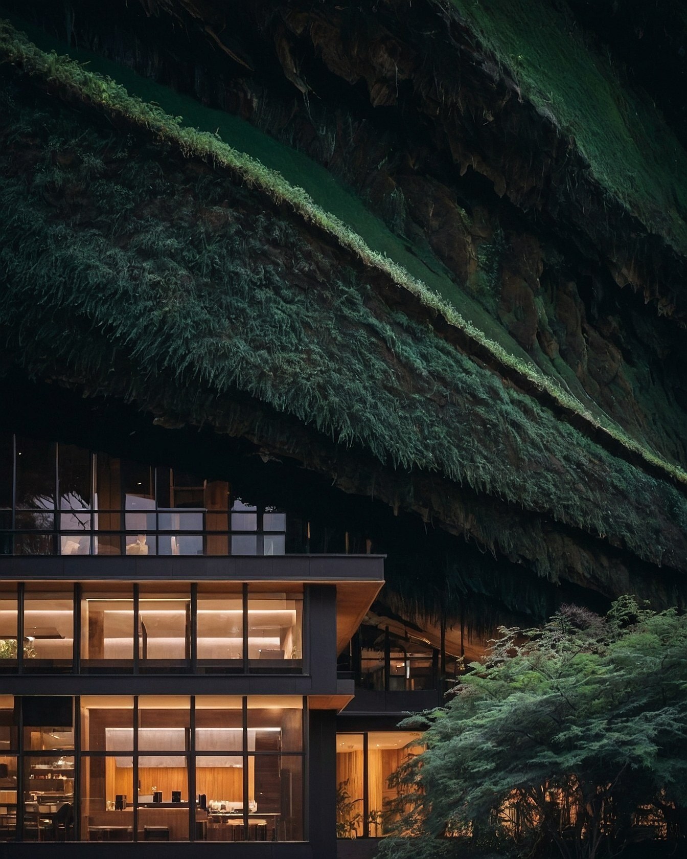Modern Structure Tucked Beneath Verdant Overhang