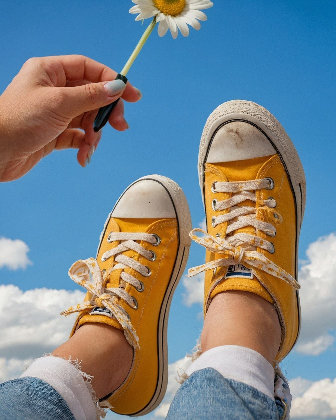 Bright Yellow Sneakers with Daisy Detail Against Sky